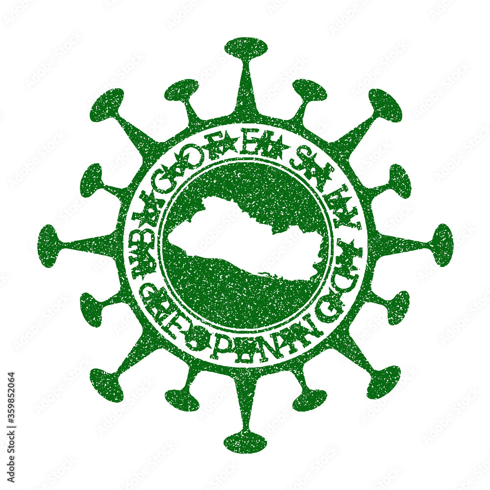 Republic of El Salvador Reopening Stamp. Green round badge of country with map of Republic of El Salvador. Country opening after lockdown. Vector illustration.