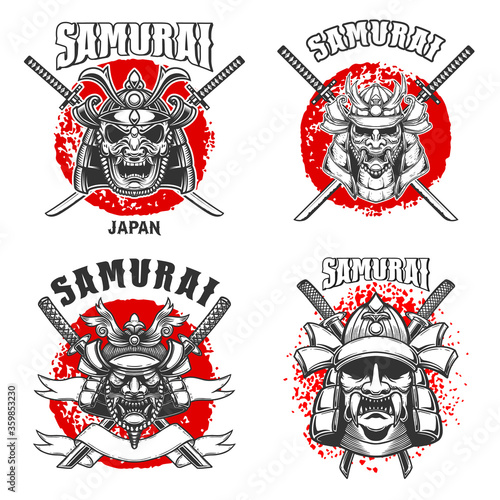 Set of vintage monochrome illustrations of samurai helmets and crossed swords. Design element for logo, label, sign, poster, t shirt. Vector illustration