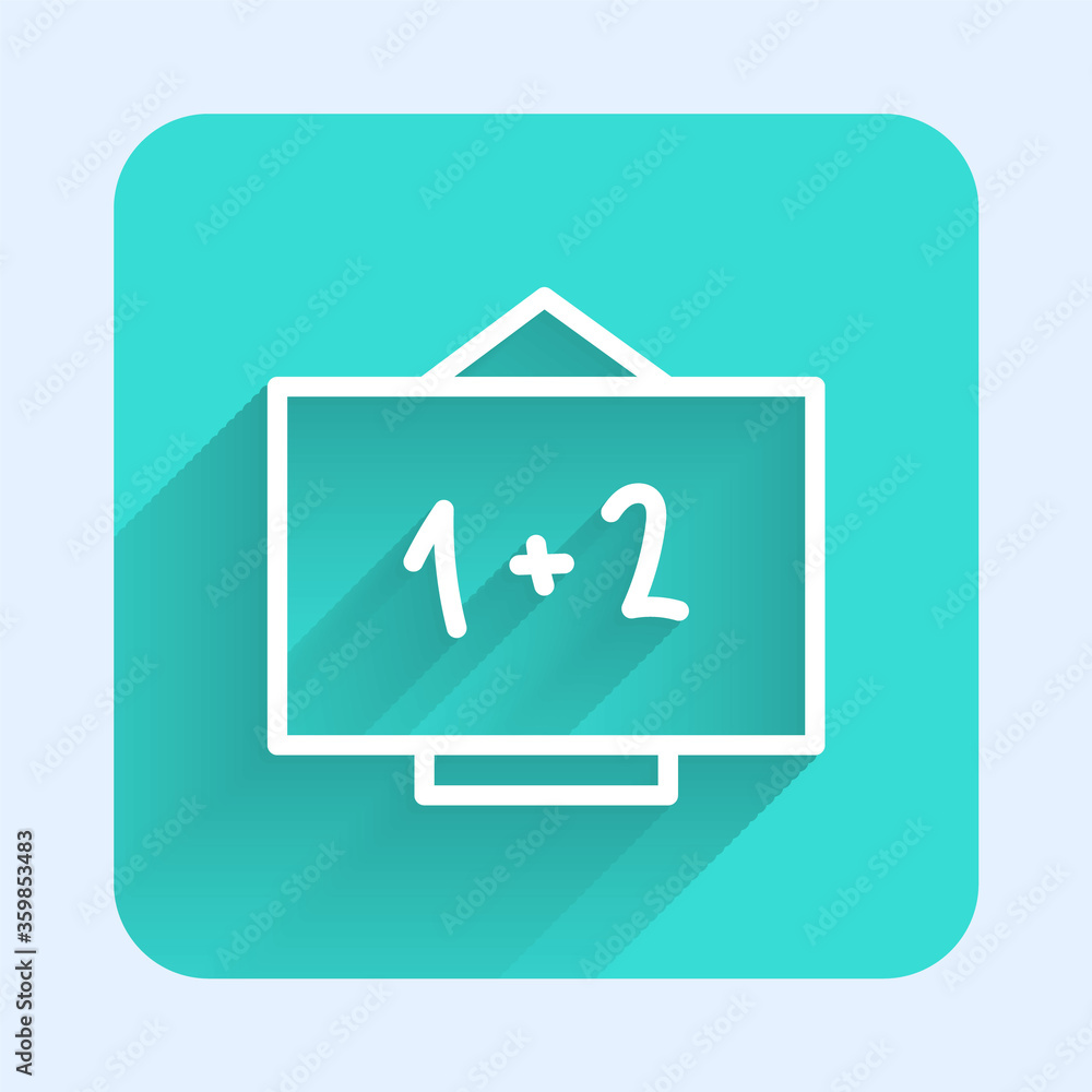 White line Chalkboard icon isolated with long shadow. School Blackboard sign. Green square button. Vector Illustration.