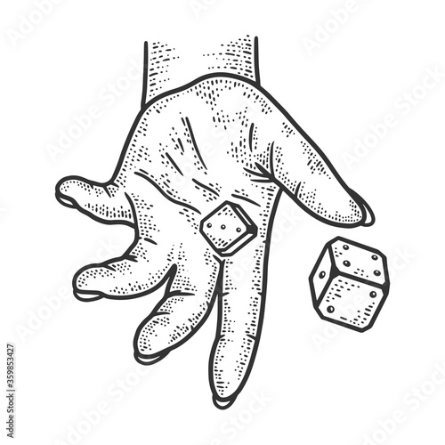hand rolls dice sketch engraving vector illustration. T-shirt apparel print design. Scratch board imitation. Black and white hand drawn image.