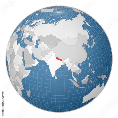 Globe centered to Nepal. Country highlighted with green color on world map. Satellite world projection. Awesome vector illustration.