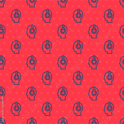 Blue line Man with a headset icon isolated seamless pattern on red background. Support operator in touch. Concept for call center, client support service. Vector Illustration.