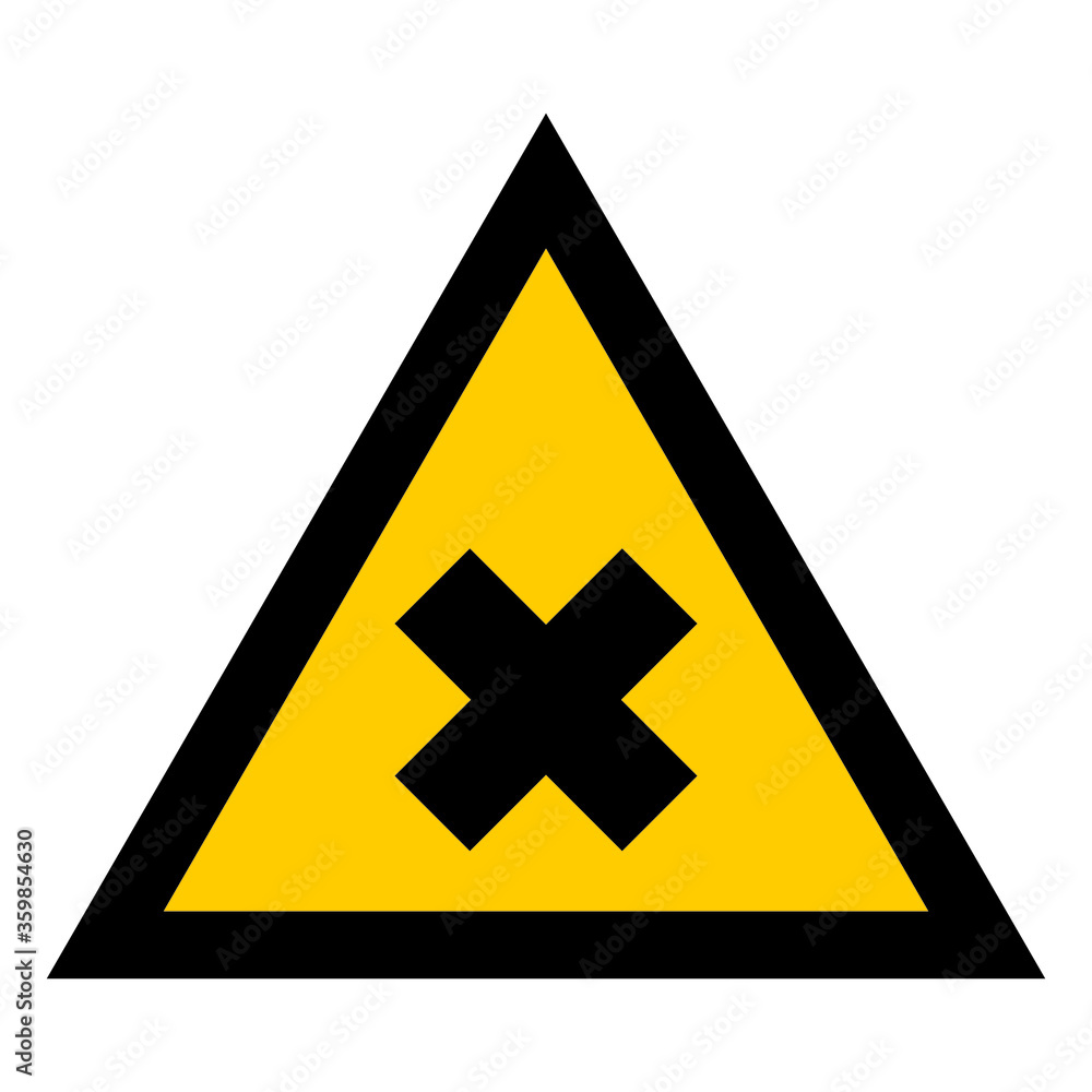 Yellow triangle, black cross. Toxic substance. Warning danger sign. Isolated on white background Yellow triangle, black cross. Toxic substance. Warning danger sign. Isolated on white background