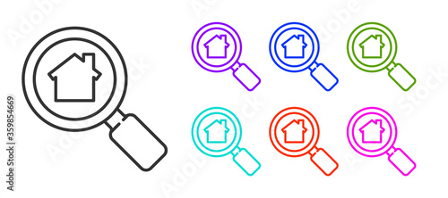 Black line Search house icon isolated on white background. Real estate symbol of a house under magnifying glass. Set icons colorful. Vector Illustration.