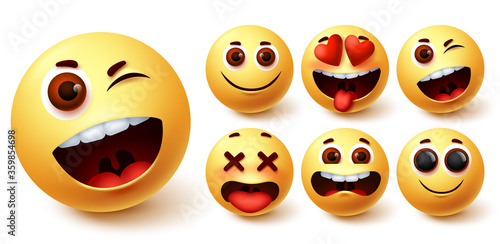 Smiley emoji vector set. Smileys yellow face cute emojis with funny, happy, naughty and in love facial expression for emoticon character collection design. Vector illustration

