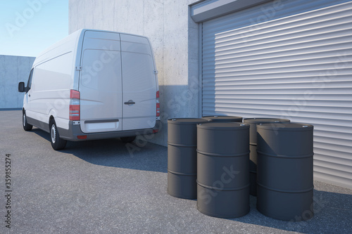delivery van with a barrels near warehouse, 3d rendering
