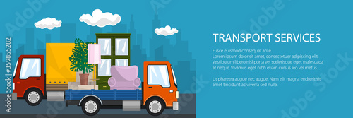 Banner of road transport and logistics, red small covered truck and orange lorry with furniture go on the road, shipping and freight of goods, vector illustration
