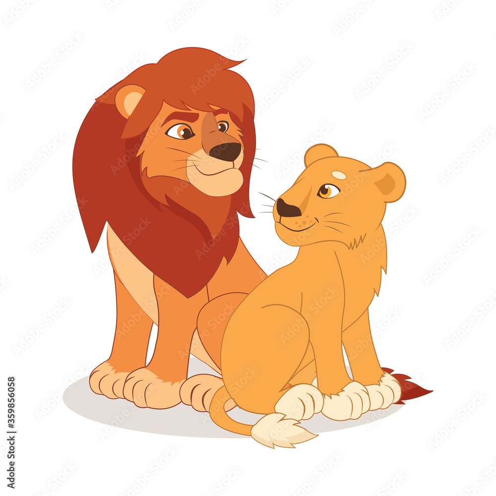 Cartoon cute happy lion and Lioness couple sitting on the white ...
