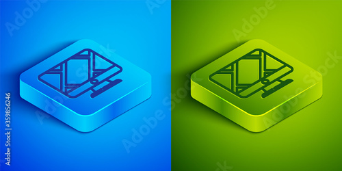Isometric line Computer monitor and folded map with location marker icon isolated on blue and green background. Square button. Vector Illustration.