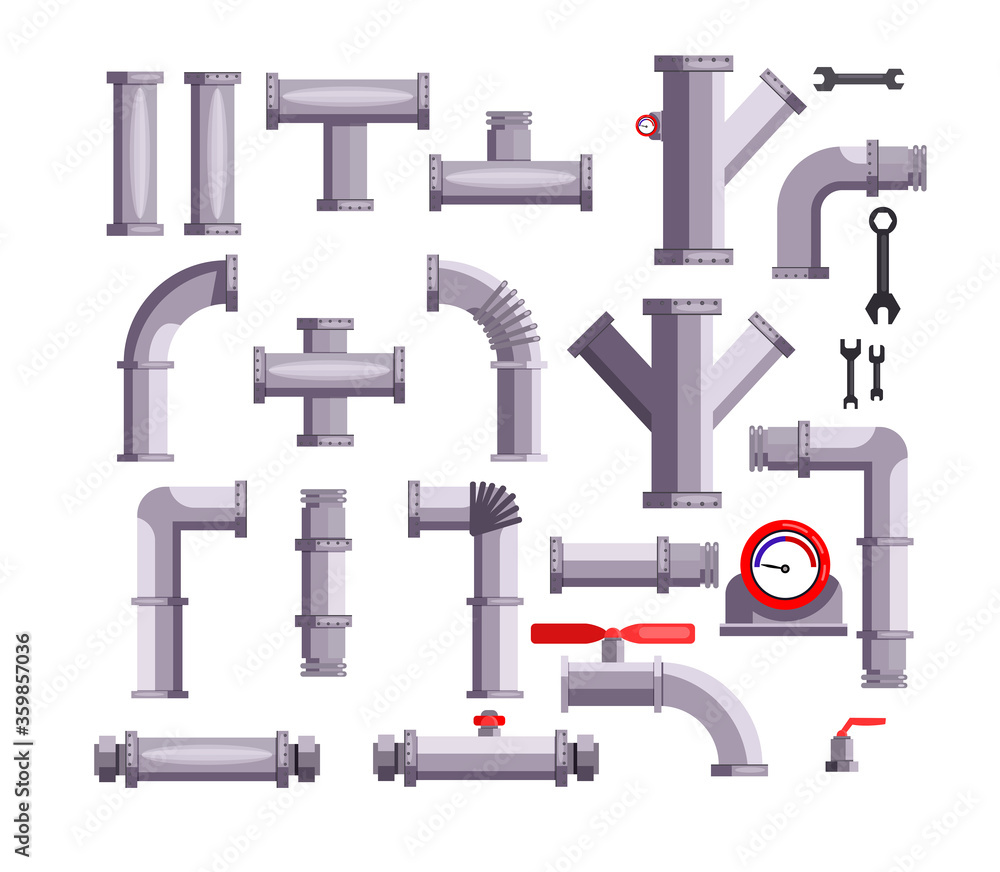 Set of tubes and pipes. Hand tool, ball valve, gauge, wrenches. Can be used for topics like gas industry, water supply, repair Set of tubes and pipes. Hand tool, ball valve, gauge, wrenches. Can be used for topics like gas industry, water supply, repair