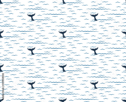 Seamless background with Whale in the blue sea.