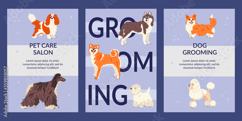Set of cards and tags templates vector flat illustration. Flyers for pet care salon and pet shops. Dog grooming banner, promo poster, coupon. Animal party invitation.