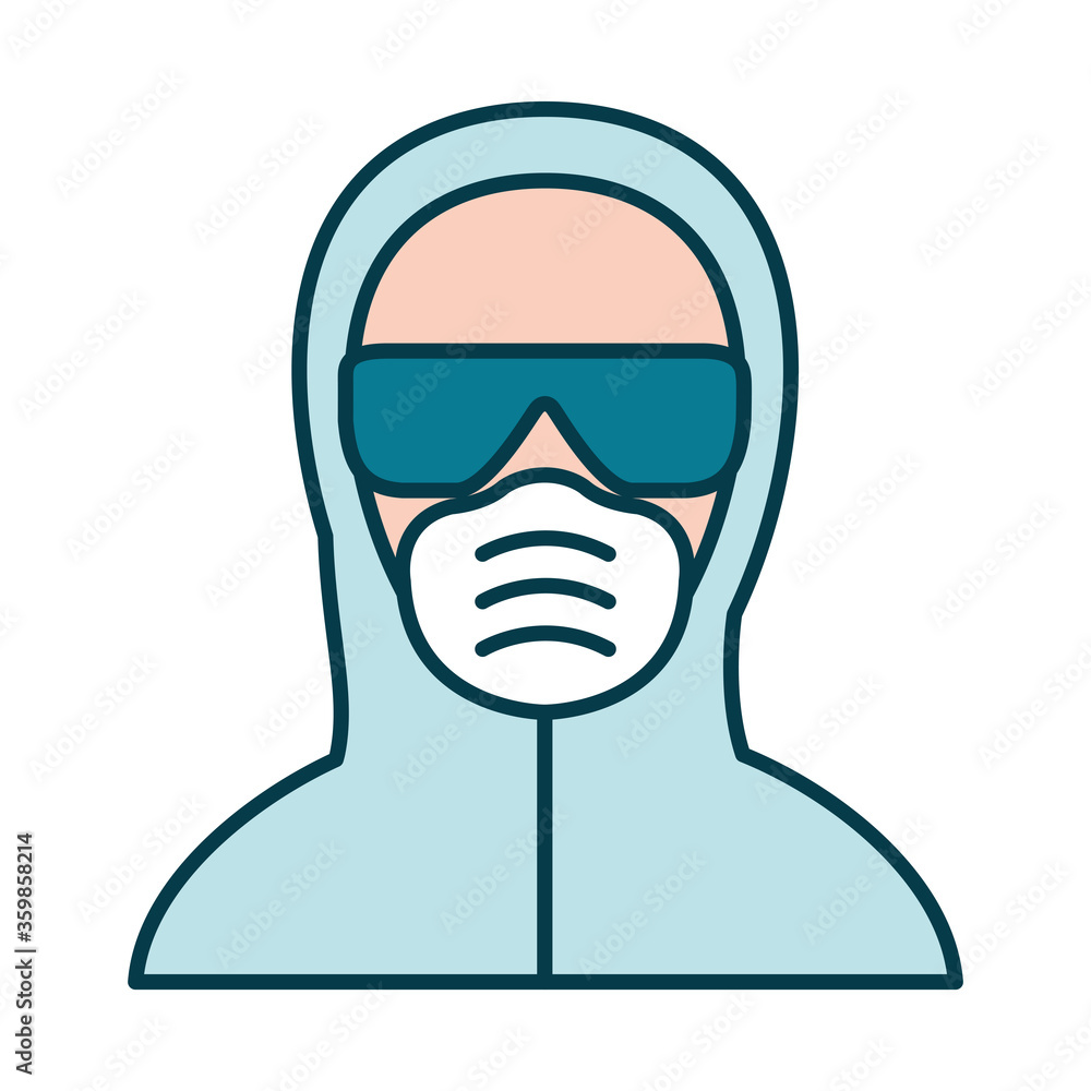 man with protective goggles, mask and suit icon, line and fill style man with protective goggles, mask and suit icon, line and fill style