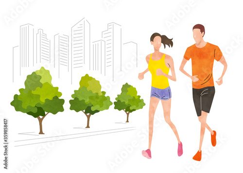 Illustration material: men and women running in the city