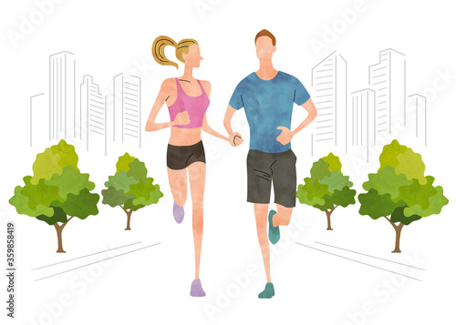 Illustration material: men and women running in the city