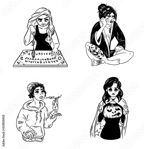 Set of hand drawn witches. Collection of black and white outline images of young magical females. Ouija board and pendulum divination, Halloween or Samhain carved pumpkin. Vector illustrations