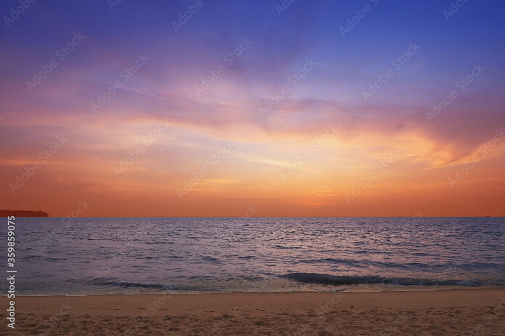 evening beach sunset in pastel sweet dream colorful at Phuket Nai Thon beach in southern of Thailand