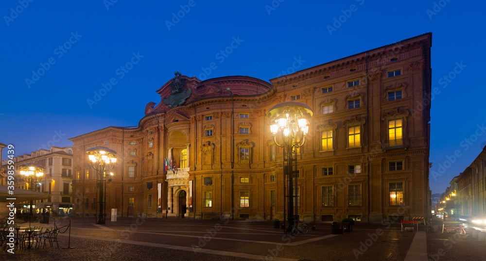 Palazzo Carignano building in evening time, Turin