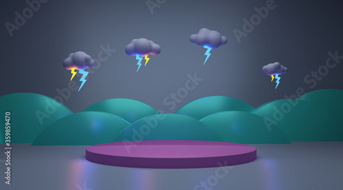 podium product display with thunderstorm lightning strike cloud on pastel color background. Blank product stand. 3d rendering.