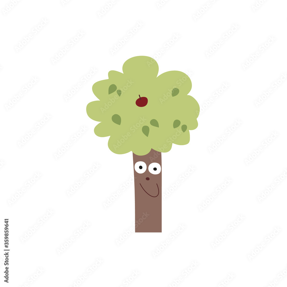 Funny tree with eyes. Isolated Apple tree on a white background