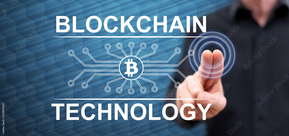 Man touching a blockchain technology concept Man touching a blockchain technology concept