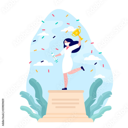 Young nurse winning golden cup. Syringe, doctor, award flat vector illustration. Medicine and contest concept for banner, website design or landing web page