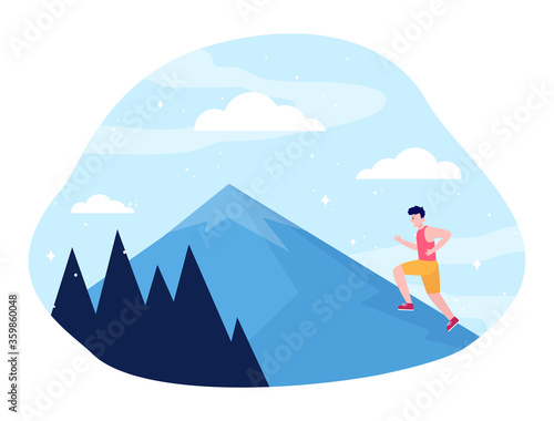 Young man climbing on mountain. Running, route, peak flat vector illustration. Sport and nature concept for banner, website design or landing web page