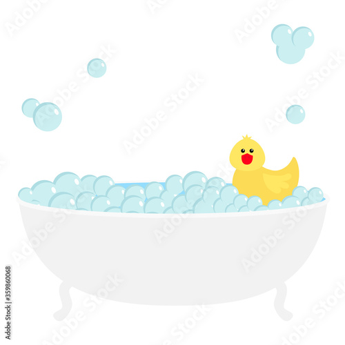 Bathtub bath tube soap foam bubble icon. Bathroom interior. Cute yellow rubber duck toy. Kawaii animal. Relax spa. Flat design. White background. Isolated.