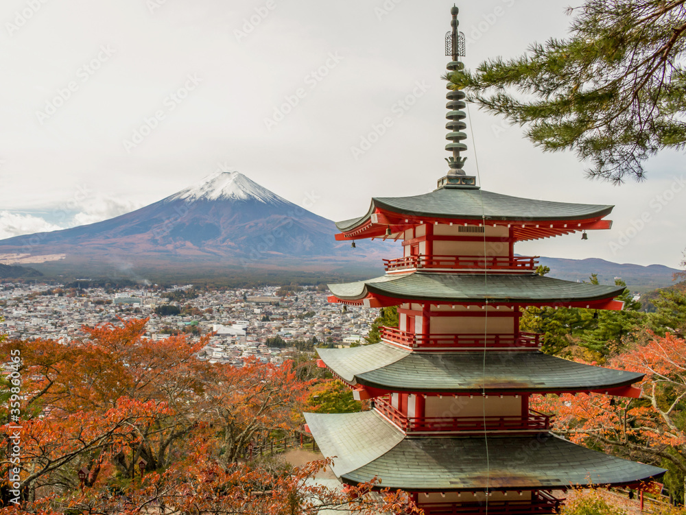 View of mountain fuji and Chureito Pagoda, Yamanashi, Japan.Beautiful landmark travel  in autumn season.