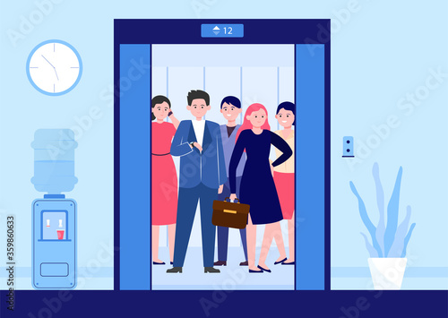 Different people lifting on elevator. Open door of office lifts with workers waiting moving inside cabin. Vector illustration for office hall, end of business, transportation concept