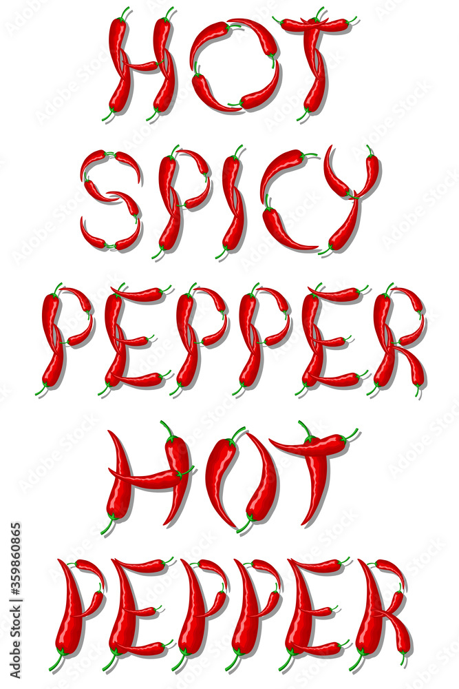 The inscription HOT SPICY PEPPER in the form of letters made of red Mexican peppers. Vector The inscription HOT SPICY PEPPER in the form of letters made of red Mexican peppers. Vector