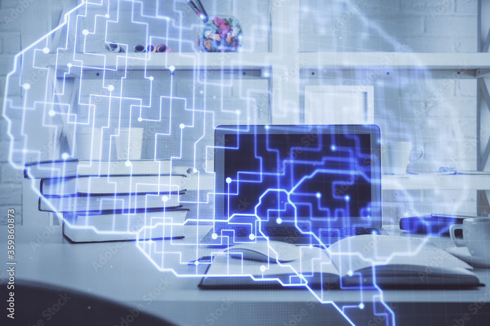 Double exposure of work table with computer and brain sketch hologram. Brainstorming concept. Double exposure of work table with computer and brain sketch hologram. Brainstorming concept.