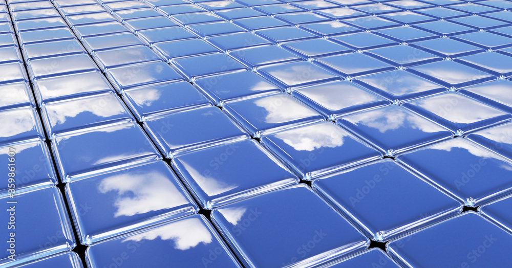Flat glossy smooth surface made of metal cubes under blue sky Flat glossy smooth surface made of metal cubes under blue sky