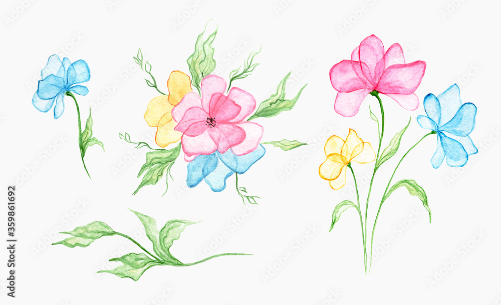 Set of watercolor flowersю Floral elements for greeting and invitation cards, isolated on white background.