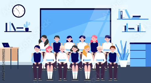 School students posing for class photo in classroom. Teen boys and girls in uniforms sitting in rows near blackboard. Vector illustration for memory, classmates, education concept