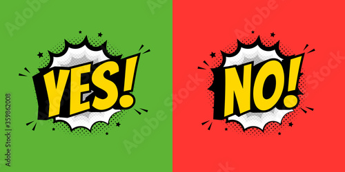 Yes and No speech bubble in pop art style. Vector flat illustrations. Suitable for vote or quiz.