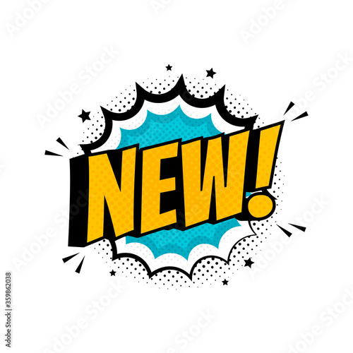 New comic speech bubble. Vector flat illustrations. Color phrase lettering with explosive effect.