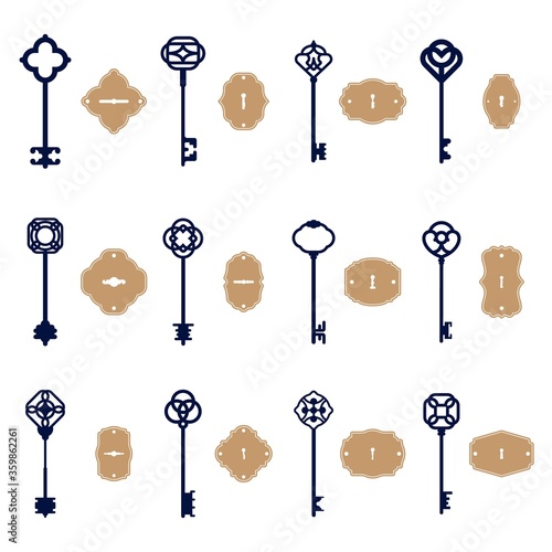Various vintage keys and keyholes set. Sketch of elegant decorative old and modern keyways isolated vector illustration collection. Decoration, secret and invitation concept