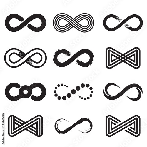 Different Mobius loop and infinity symbols set. Abstract endless signs, emblems and logos for design isolated vector illustration collection. Eternity and symbolism concept