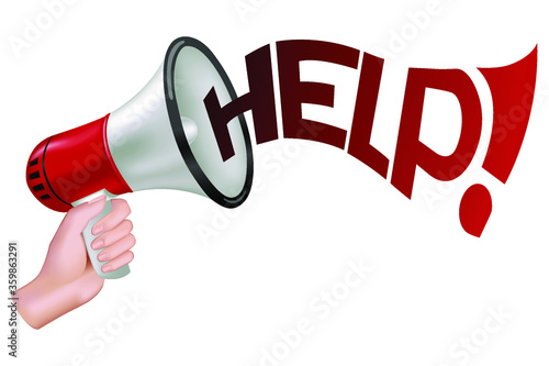 Loudspeaker in hand and the word "help", speaking the trumpet