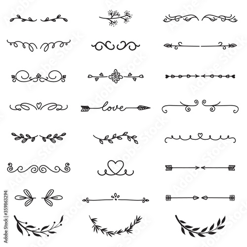 Various decorative text dividers set. Black hand drawn ornament borders and calligraphic elements isolated vector illustration collection. Decoration and ornaments concept