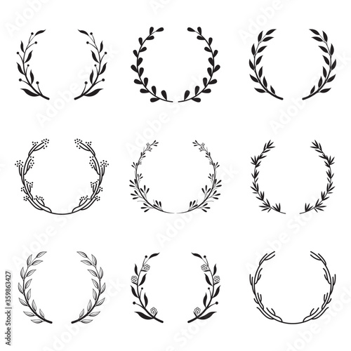 Various round floral and laurel frames set. Branch wreathes, olive branches and leaf elements isolated vector illustration collection. Achievement and victory concept