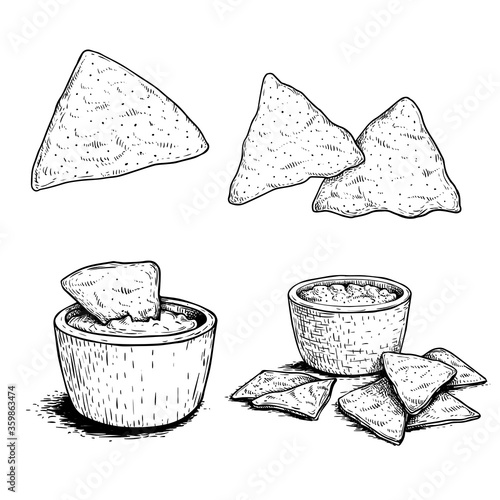 Nachos sketch style set. Single, group and with sauce nachos. Traditional mexican food. Hand drawn. Retro style. Vector illustration for menu designs. Isolated on white background.