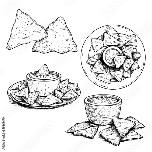 Nachos sketch style set. Single, group on plate and with sauce nachos. Top view. Traditional mexican food collection. Hand drawn. Retro style. Vector illustration for menu designs.