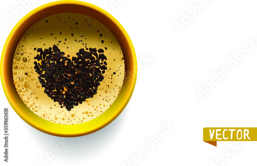 Yellow cup with coffee. Chocolate foam and heart