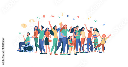 Multicultural people standing together isolated flat vector illustration. Cartoon diverse characters of multinational community members. Society and public concept photo
