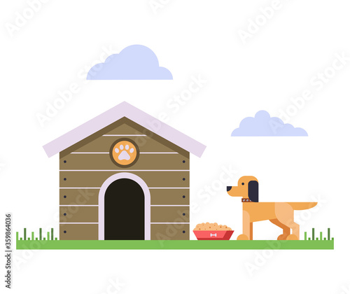 Dog and and doghouse with a bowl of food.