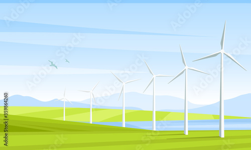 Vector illustration of alternative energy resource with rotation windmills, wind turbines, field, mountains, lake, birds and beautiful sky. Summer landscape and windmill elements as symbol of ecologic