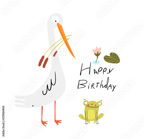 Funny cute birthday card with white swamp bird and baby frog in the lake, cute smiling animals for children. Heron holding reeds bouquet, and little frog picture. Vector doodle design.