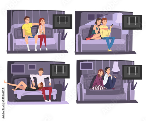 Family Couples Sitting on Sofa Set, Man and Woman Characters Spending Time Indoors, Staying at Home Vector Illustration